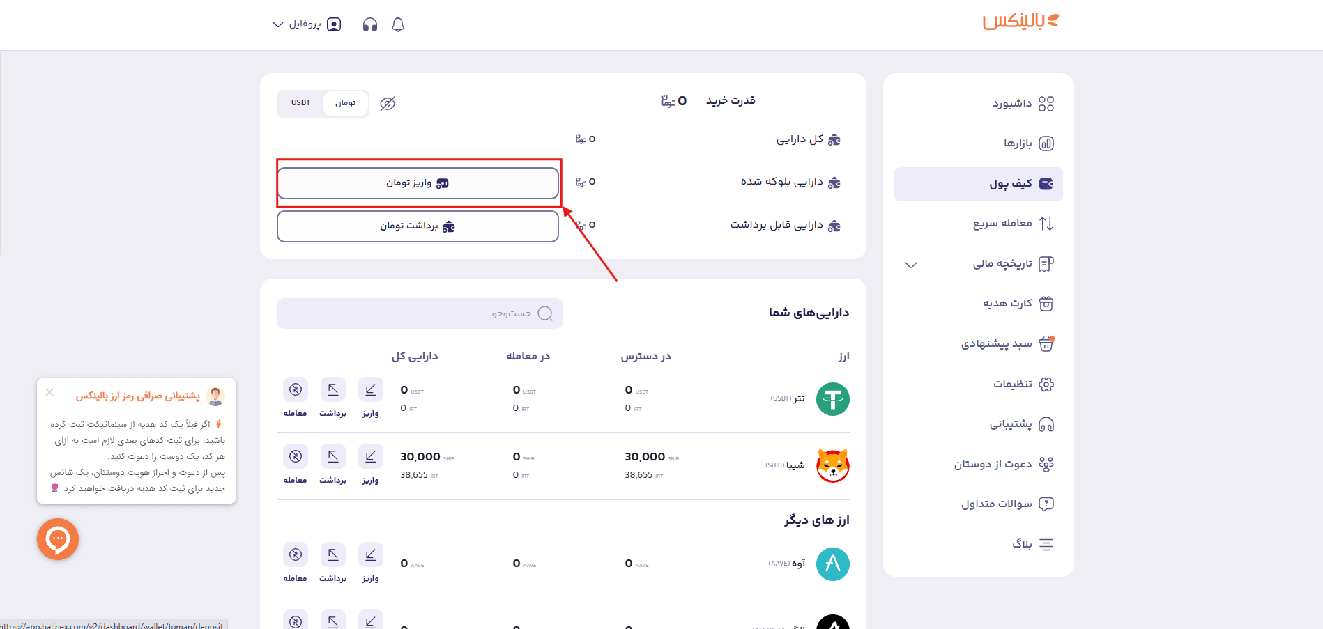 گزینه واریز تومان