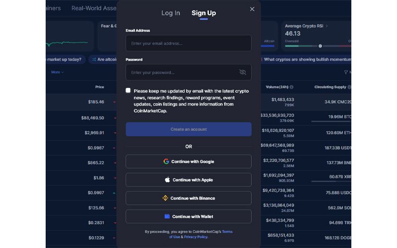 مرحله ۱: ثبت نام و ورود به حساب CoinMarketCap