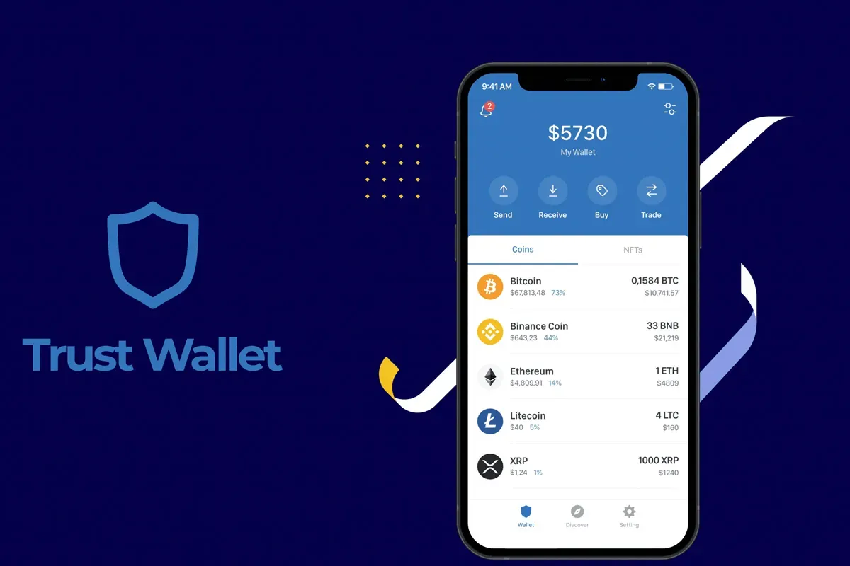 کیف پول تراست ولت نصب شده بر روی گوشی در کنار لوگوی آن قرار دارد.