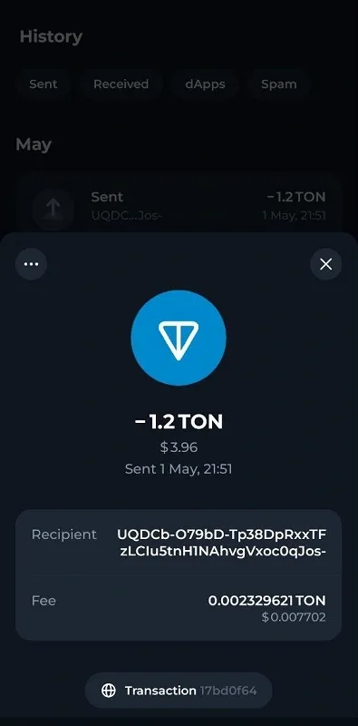 تاریخچه تراکنش تون در کیف پول تون کیپر
