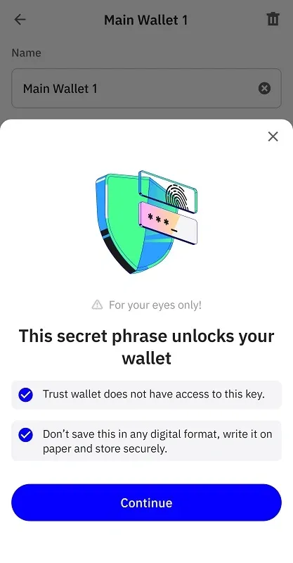 احراز هویت برای دریافت عبارت بازیابی در کیف پول تراست ولت