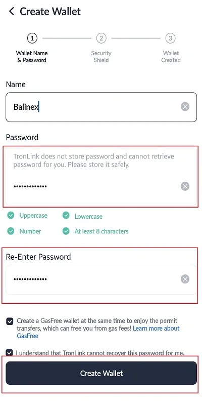 تعیین رمز برای ساخت کیف پول ترون لینک