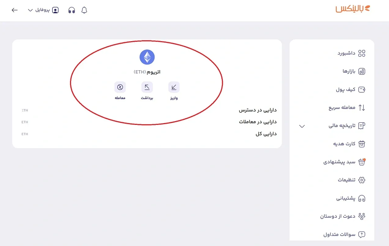 انتقال اتریوم از کیف پول به بازار معاملات بالینکس