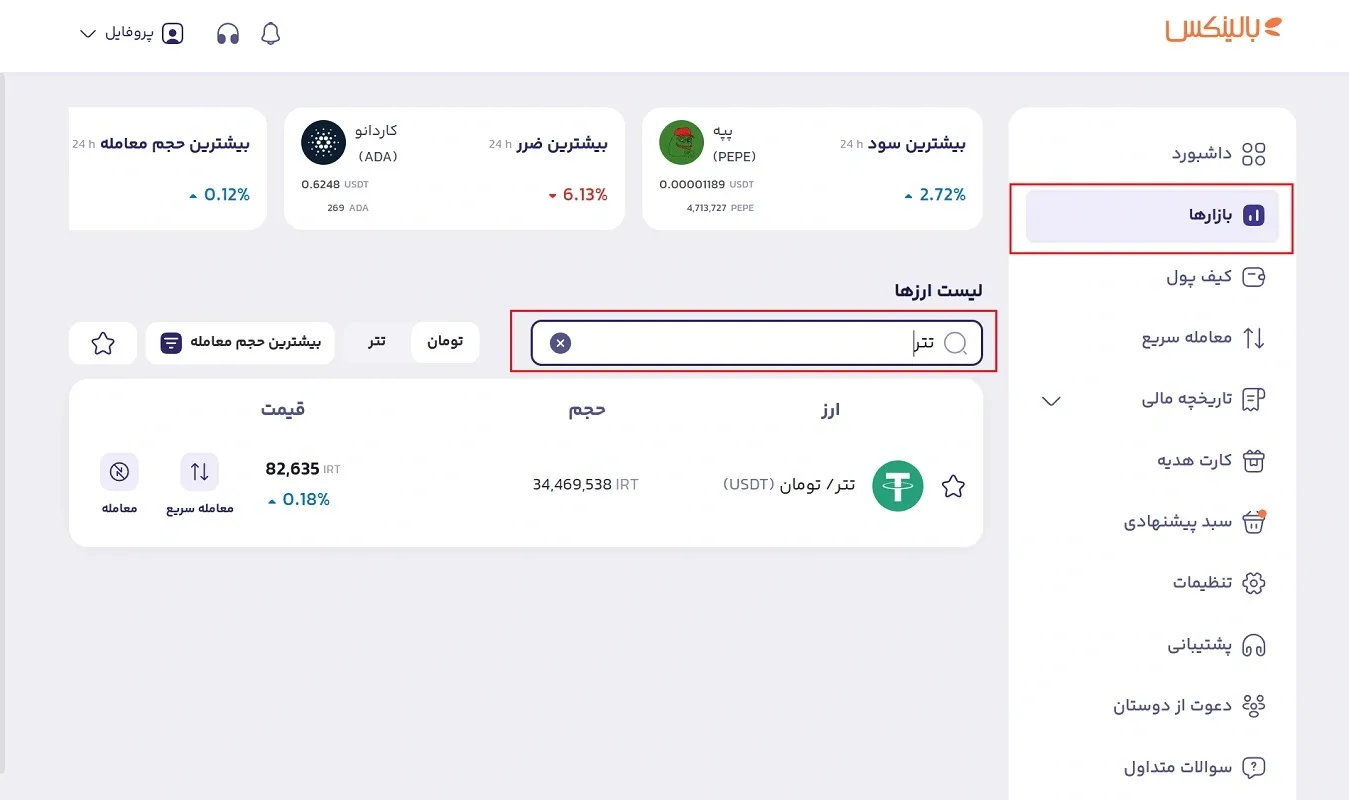 بازار معاملات تتر در بالینکس