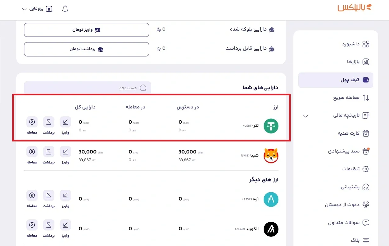 انتخاب ارز برای واریز در بالینکس
