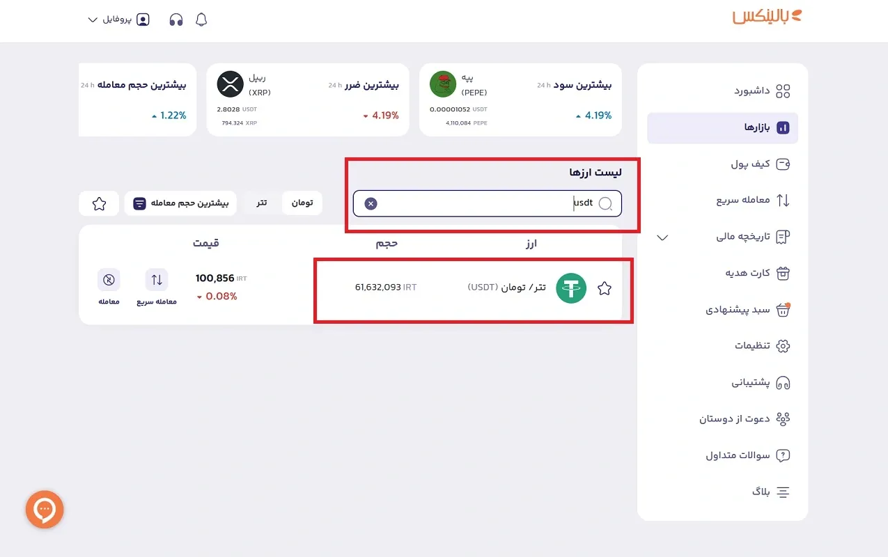 انتخاب تتر در لیست ارزهای دیجیتال بالینکس