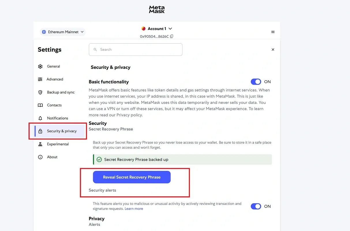 تنظیمات امنیت کیف پول متامسک