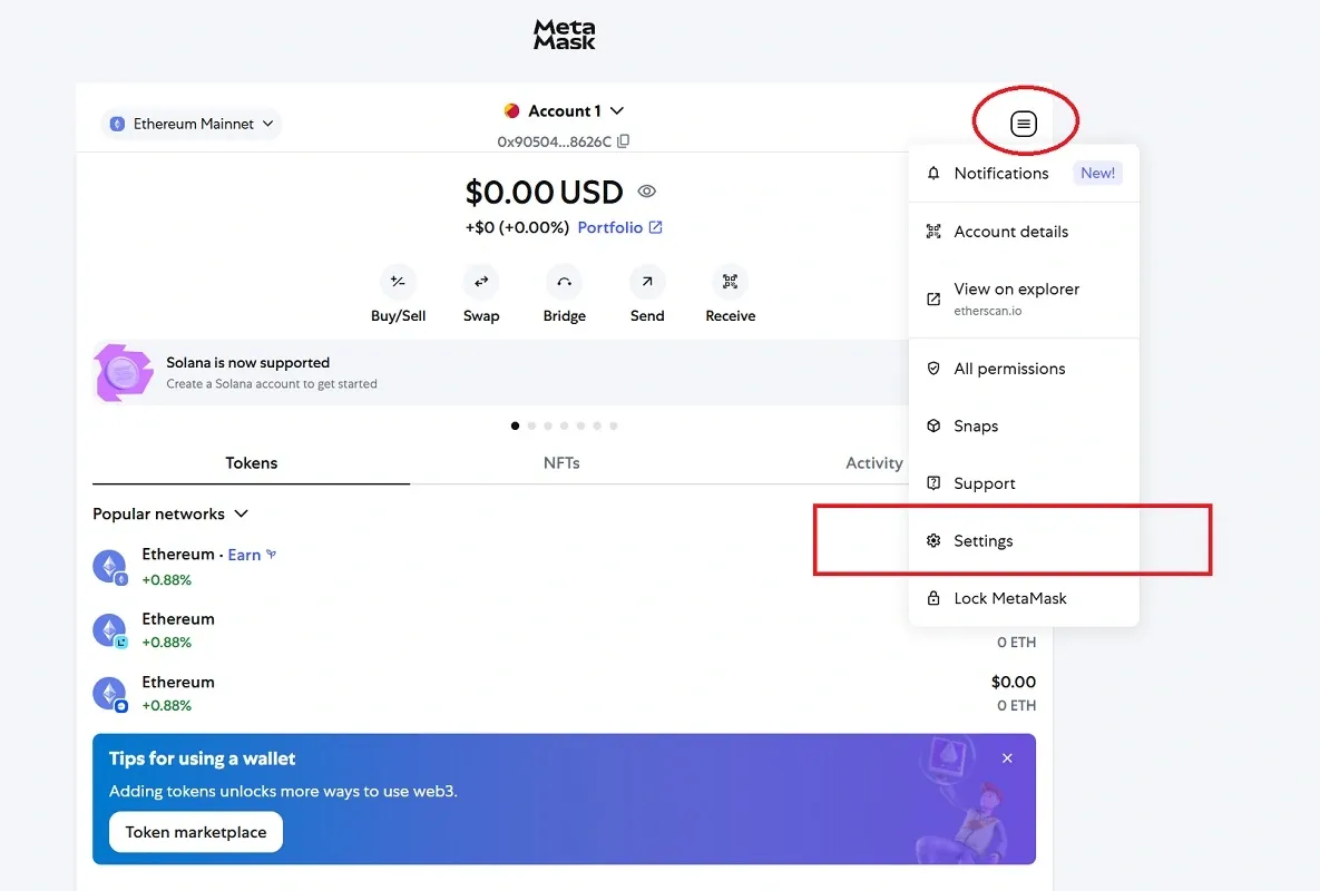 ورود به بخش تنظیمات کیف پول متامسک