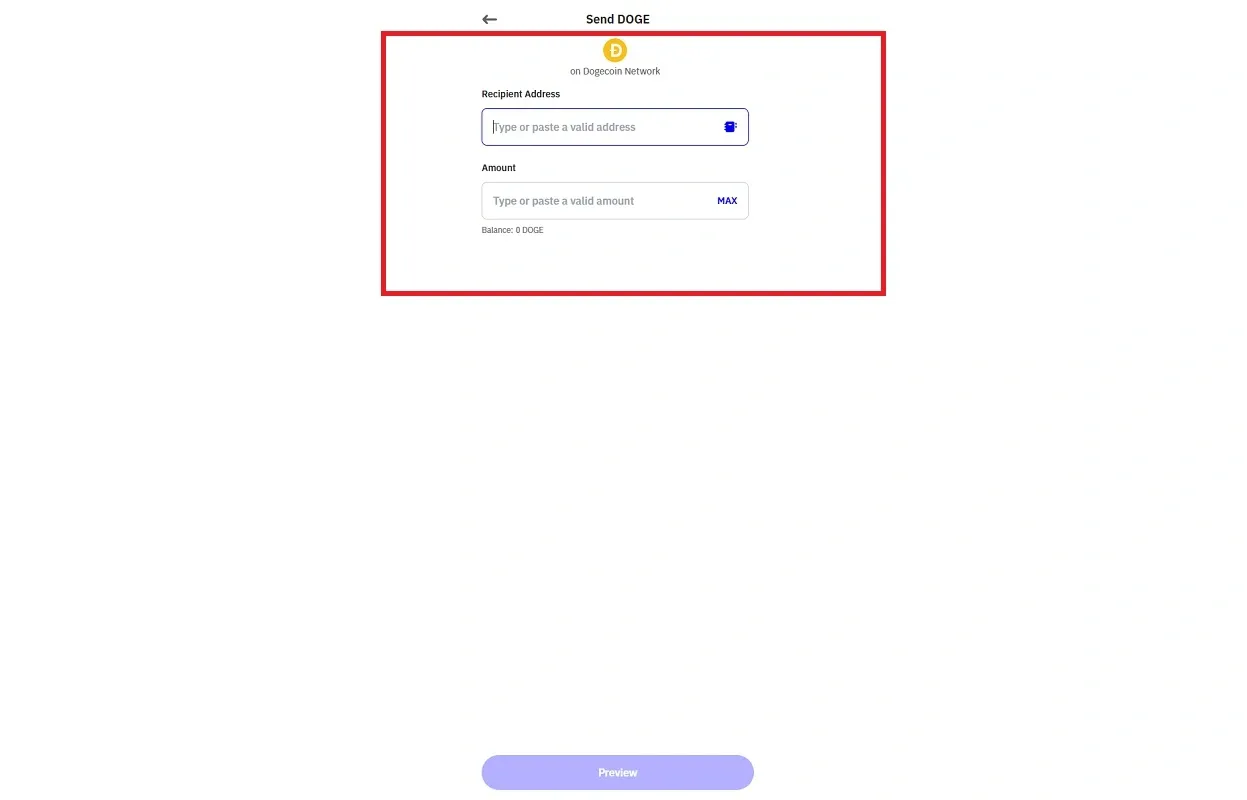 وارد کردن آدرس برای ارسال دوج کوین 