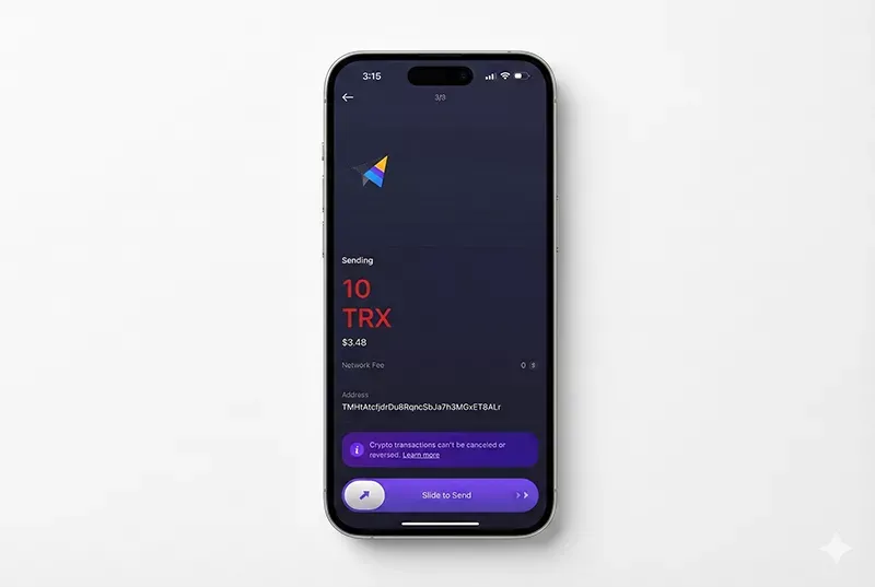 گزینه Slide to Send برای تایید تراکنس 