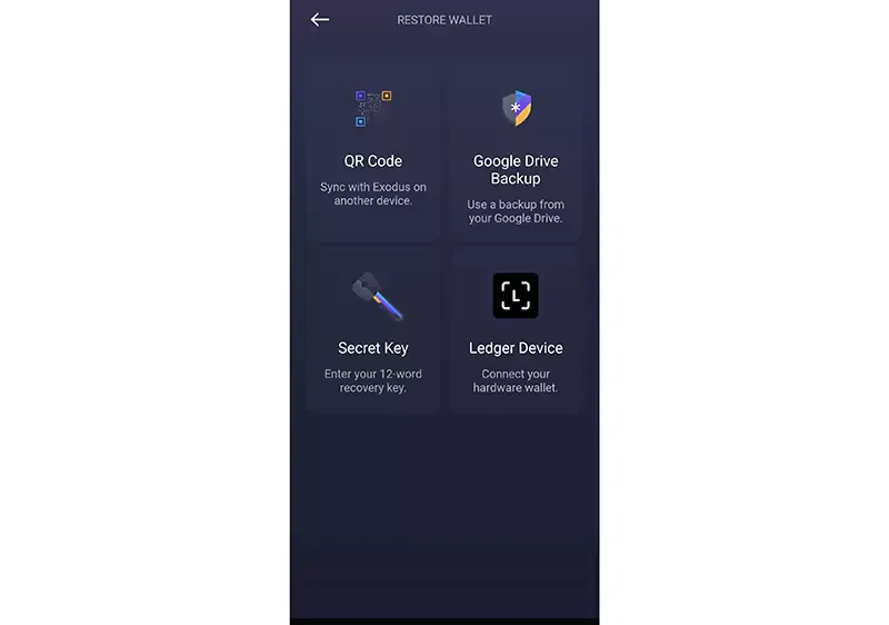 انتخاب گزینه Secret Key در بازیابی کیف پول اکسودوس