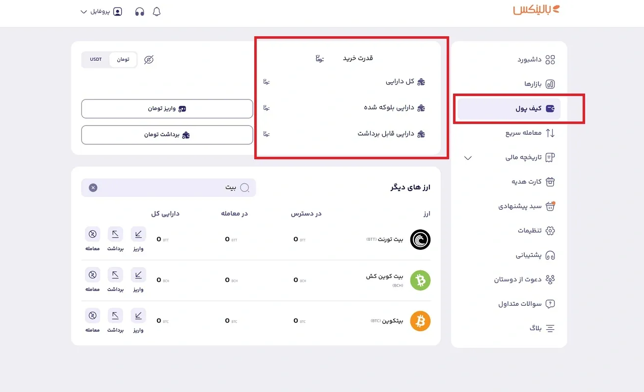 موجودی ریالی کیف پول بالینکس