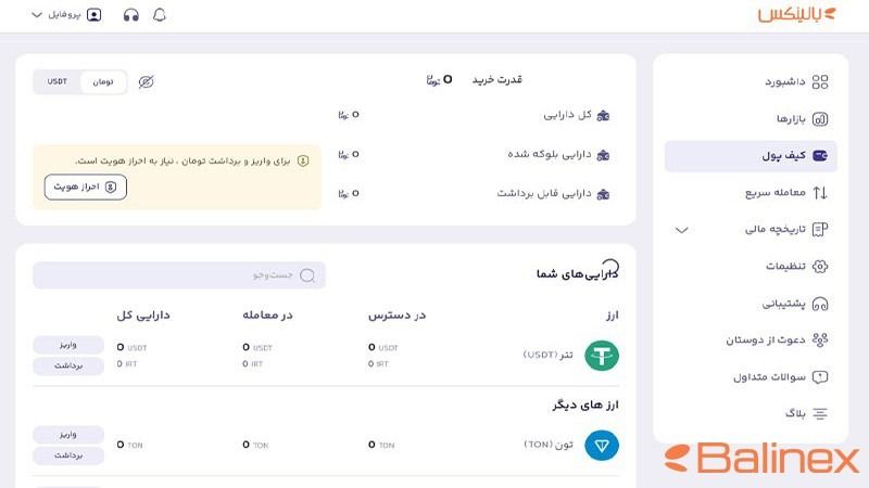 بخش کیف پول در صرافی بالینکس