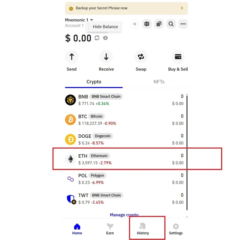 تاریخچه تراکنش اتریوم در تراست ولت