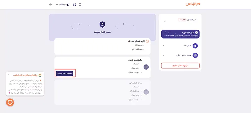 مرحله تکمیل فرآیند احراز هویت در بالینکس برای خرید سولانا.