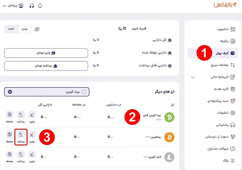 طریقه برداشت بیت کوین از صرافی بالینکس