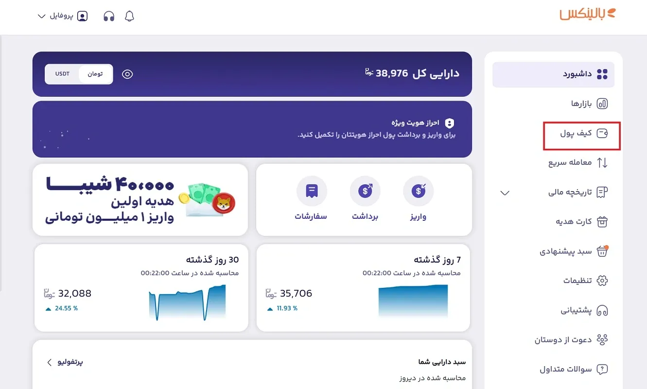 بخش کیف پول صرافی بالینکس